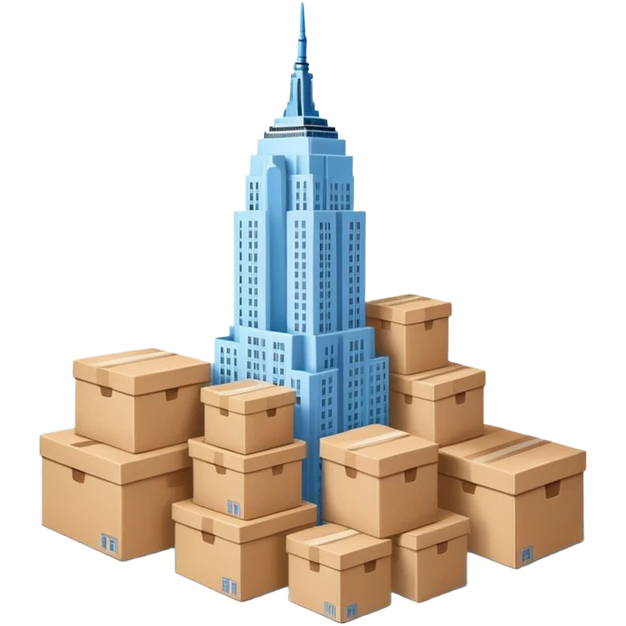 light blue Empire State Building with natural cardboard boxes stacked around emoji