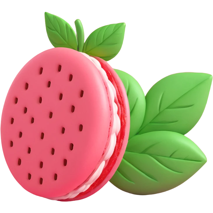A strawberry macaron with a green leaf on top, in 3D iOS style, pastel pink and green colors, soft shadows, clean and minimalistic design emoji