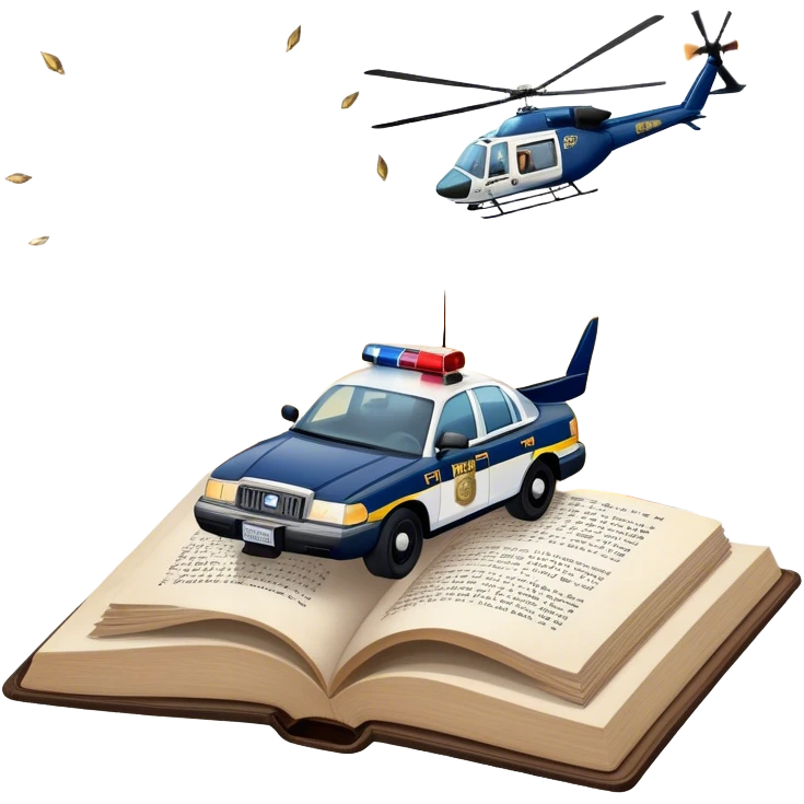 Icon for Action & Crime Reading: an open book with text, from which a police car is driving out along the pages, with explosions behind, a helicopter flying overhead, and a pistol with ammo and grenades in front. Transparent background. emoji