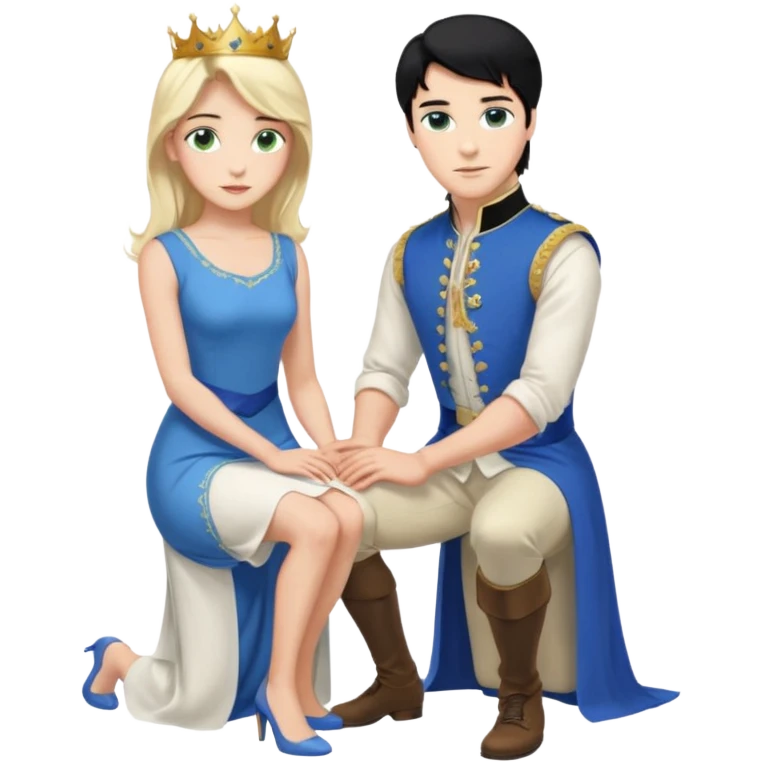 prince, upright, black Hair, blue eyes, garment,  woman, bending knee, white sleveless dress, blonde hair, green eyes, emoji