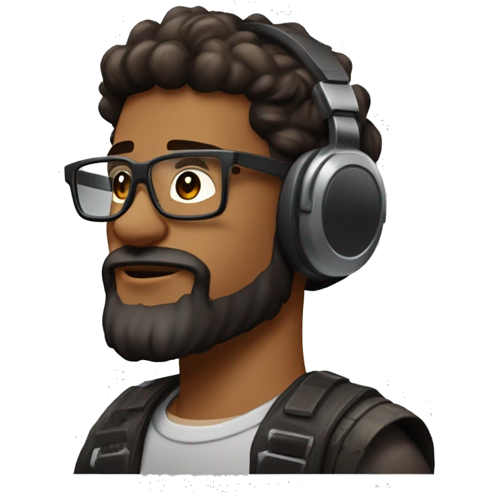 Chaval de 22 años con barba negra y pelo marron con mechas rubias jugando con mandos, cascos gamer y gafas emoji