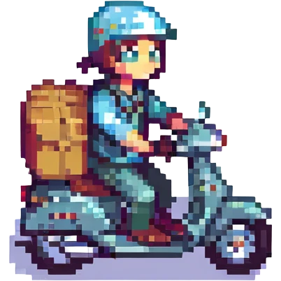 courier riding a moped, pixel art style, small and expressive emoji