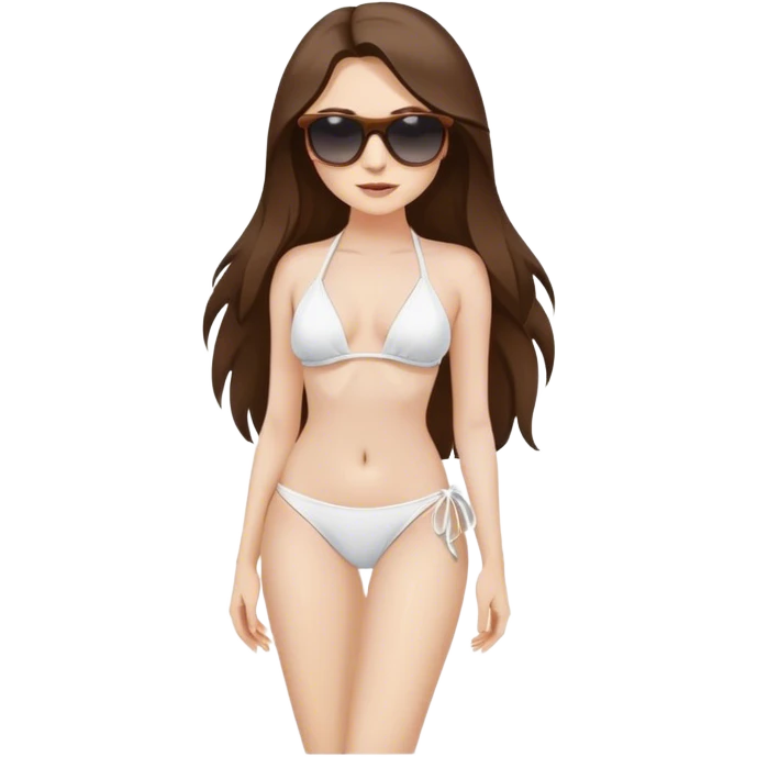 beautiful pale brunette girl with long hair posing with hand on waist on white bikini with sunglasses  emoji
