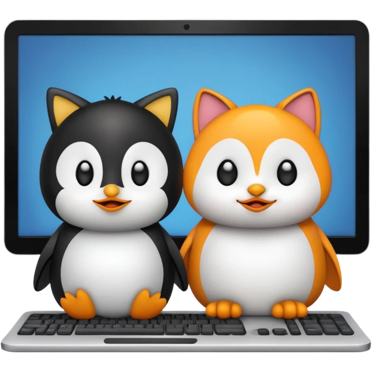 a penguin and a cat sitting side by side in front of a computer, emoji style emoji