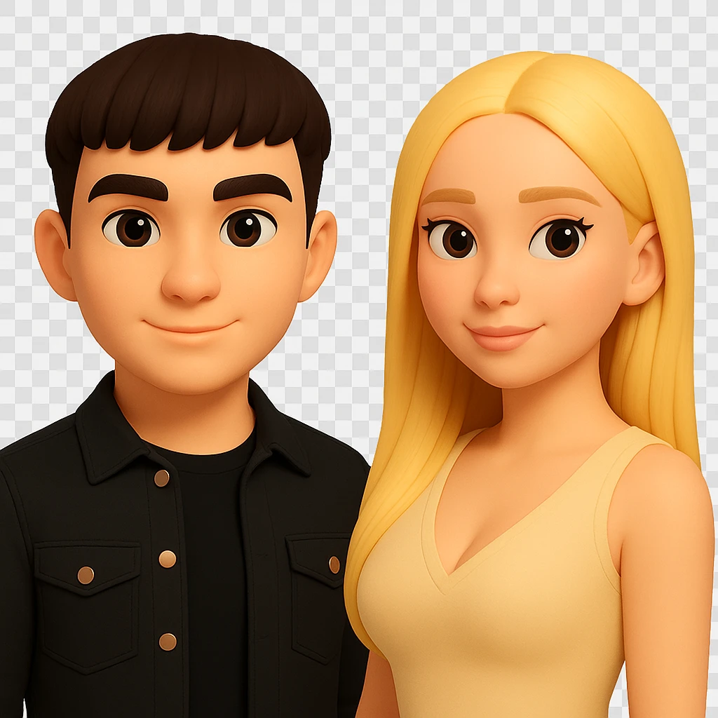 Slightly increase the volume of the upper body of the girl, separate the girl and the boy from each other, make the skin color the same for both characters. Maintain the cartoonish 3D style and keep the background transparent. The original style is cartoonish 3D. emoji