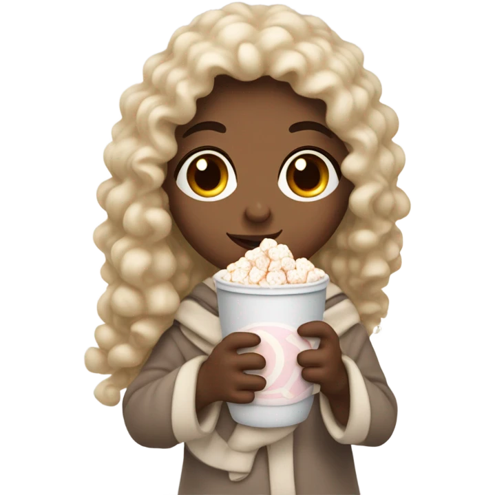 Light skin girl with curly hair under our blanket, make it so you can see the curly hairsipping hot cocoa with marshmallows, cuddled around the blanket, long curly hair, long, medium lashes emoji