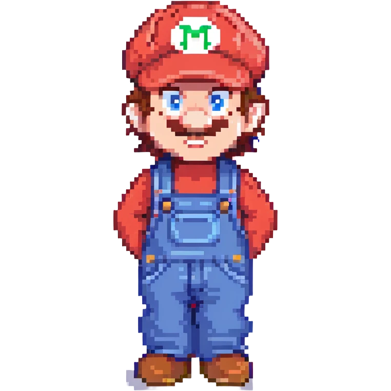 Mario, pixel art style, classic red hat and blue overalls, cheerful expression emoji
