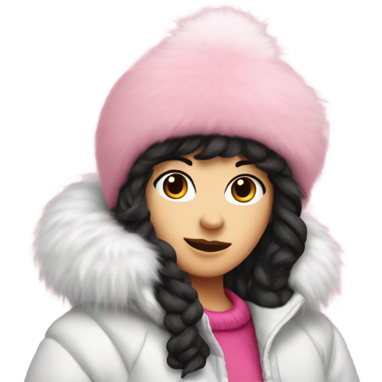 white girl wearing a pink furry hat with a puffy ball on top and with a big puffy white jacket on with black hair sticking out of it emoji