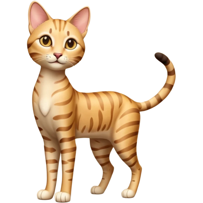 A 3D cartoon golden tabby Savannah cat with elegant long legs, gentle stripes, dynamic pose, cinematic Memoji-style lighting. full body or half body. emoji