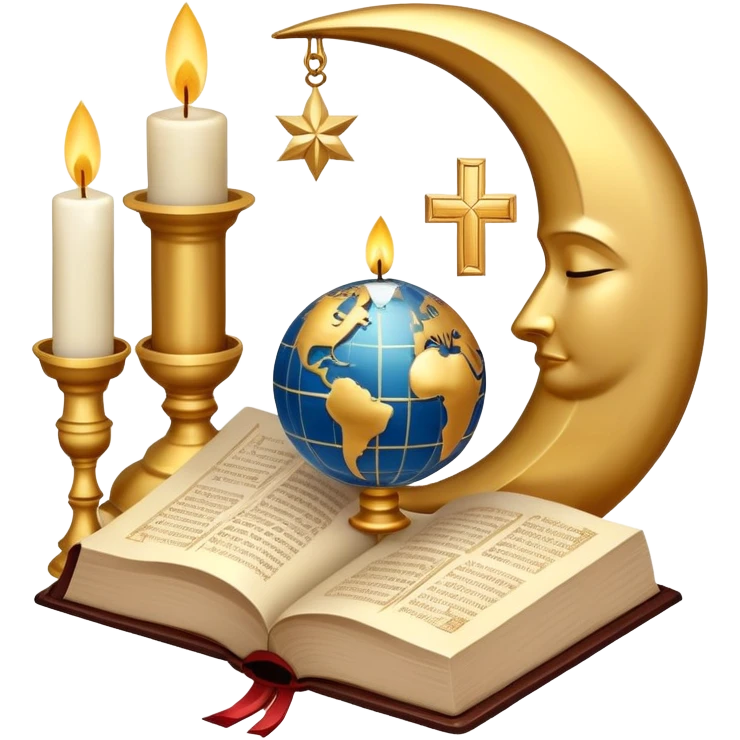 An icon featuring a holy book, a candle, and a cross, symbolizing religious studies. The design includes a globe with various religious symbols: a crescent moon and star (Islam), a lotus flower (Buddhism), representing global belief systems. Transparent background. emoji