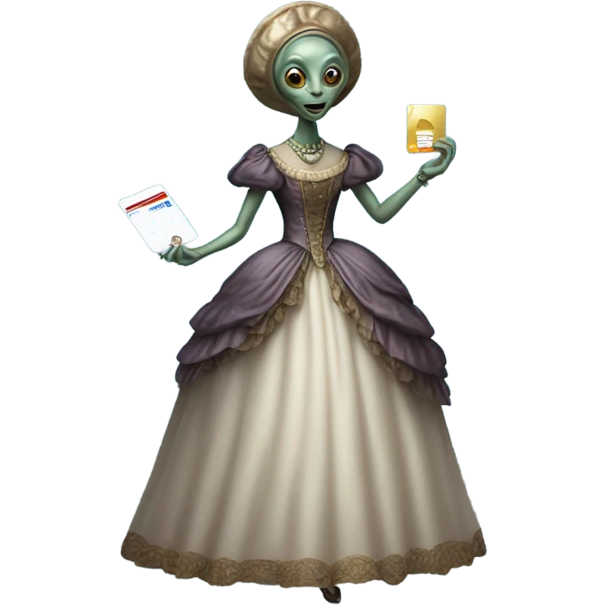 alien galora in Victorian dress elegant, full body, holding big credit card emoji