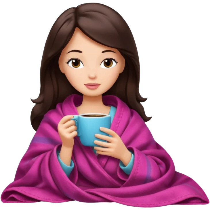 barbie girl with dark brown inside a blanket sipping coffee eyes closed emoji