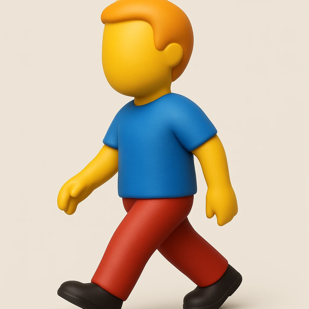 Create a walking man emoji with moderate red pants, a blue shirt, and no face, in a 3D emoji style inspired by the reference image. Keep the pose and proportions similar to the original. emoji