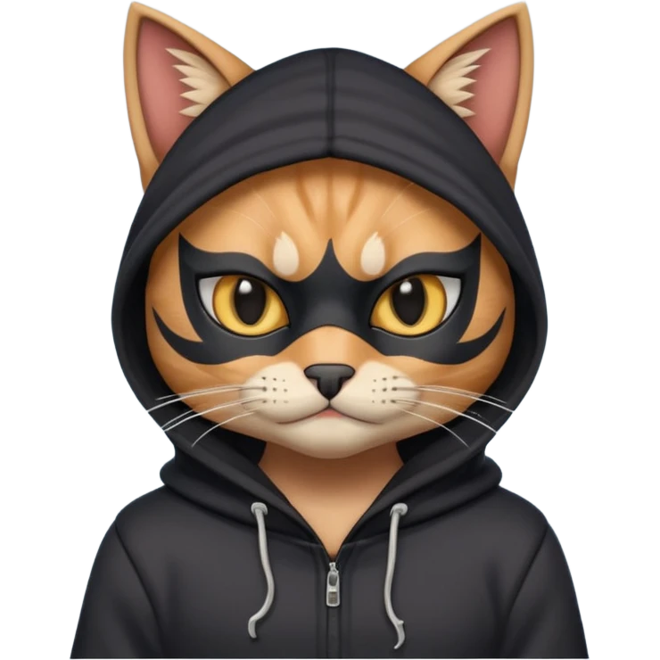 thief cat portrait, head and shoulders only, black mask markings, sly eyes, dark hoodie collar, mischievous expression, 3D cartoon, mobile game icon style, clean background, no text, no watermark
 emoji