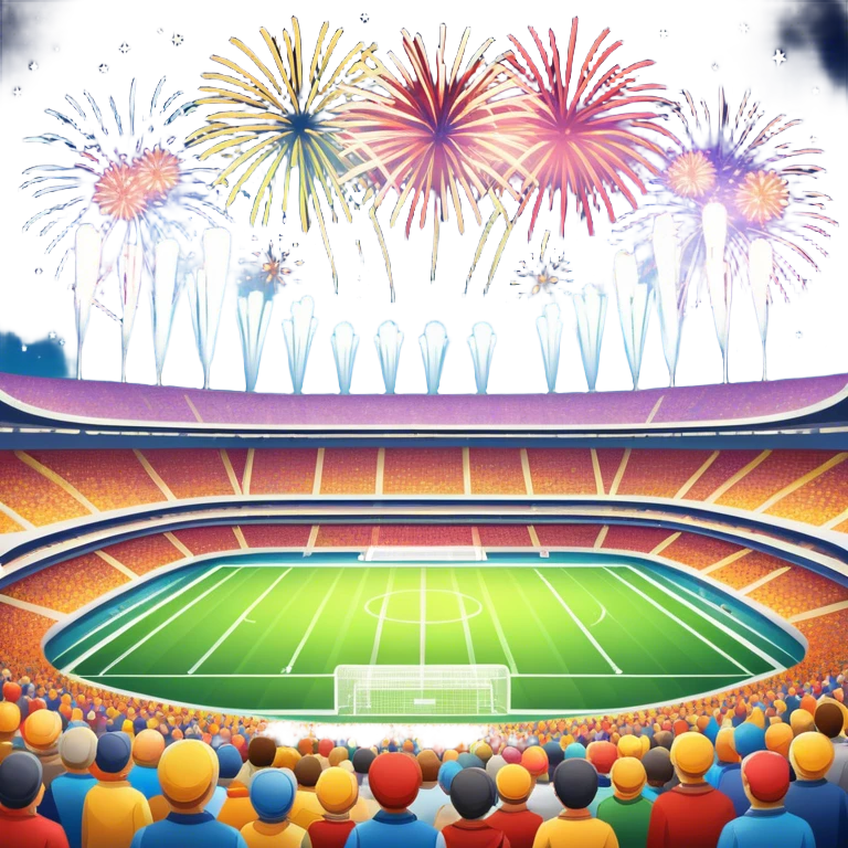 An icon showing a large stadium with bright floodlights, fireworks bursting in the sky, and a lively crowd below. The design captures the excitement and energy of concerts and festivals, with vibrant colors and a festive atmosphere. Set against a transparent background to highlight the celebration. emoji