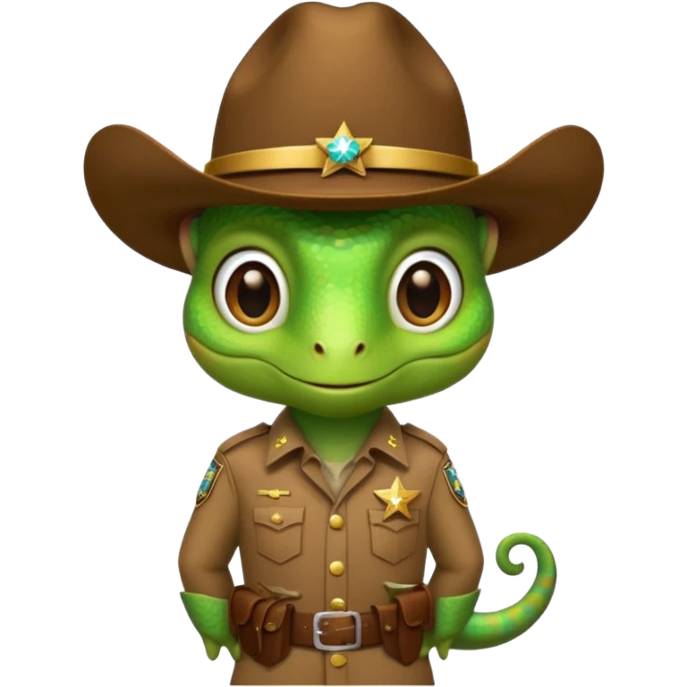 Standing green chameleon with a brown cowboy hat and dressed like a sheriff  emoji