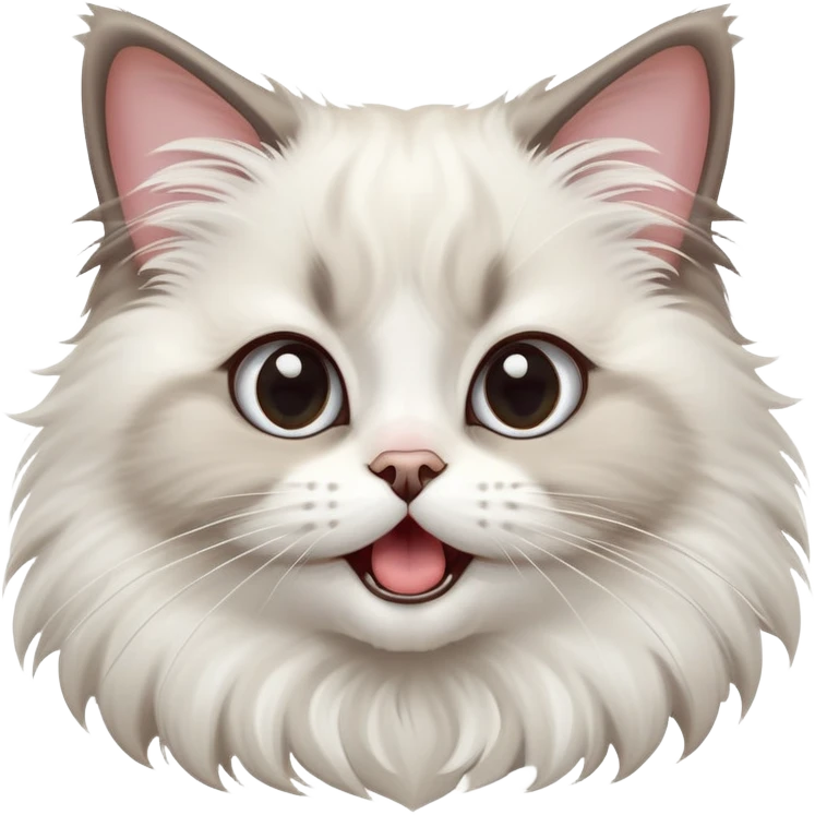 cinematic-adorable-big-eyed-fluffy-ragdoll-cat-portrait-emoji,-head-tilted-playfully-with-a-cute,-exaggerated-yawn,-white and grey fur,-simplified-yet-irresistibly-cute-features emoji