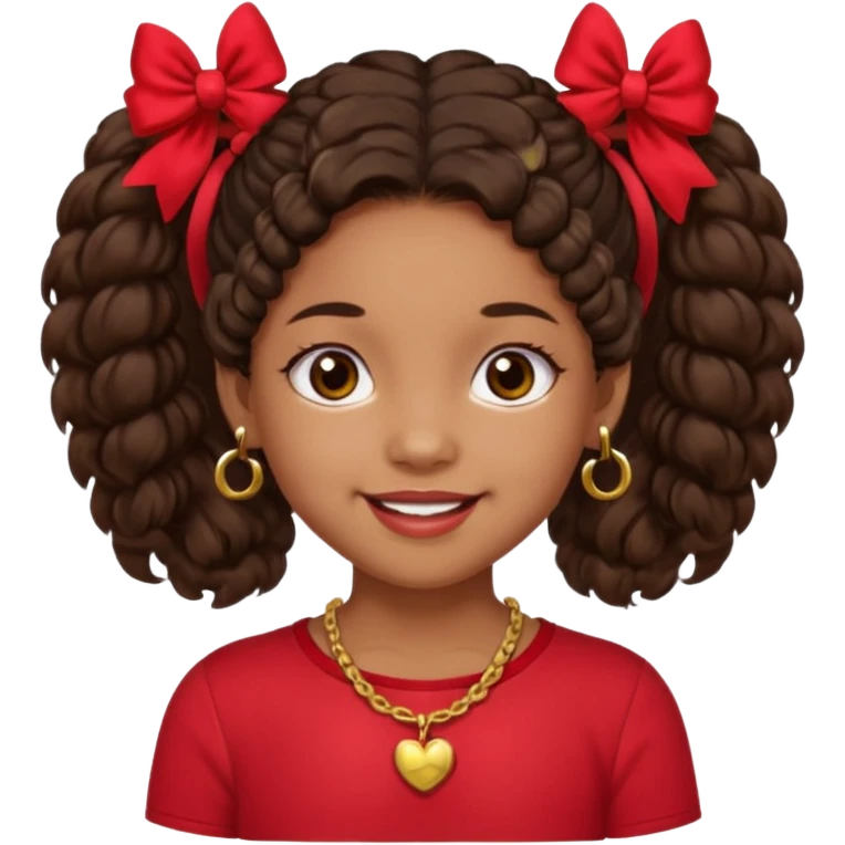 Brownskin girl dark brown hair fluffy. pigtails with red bows brown eyes smiling closed mouth red shirt gold esrrings gold necklace emoji