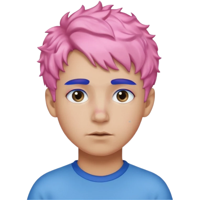 boy with short, curly pink hair, matching blue eyebrows, light brown skin, and a neutral facial expression. emoji