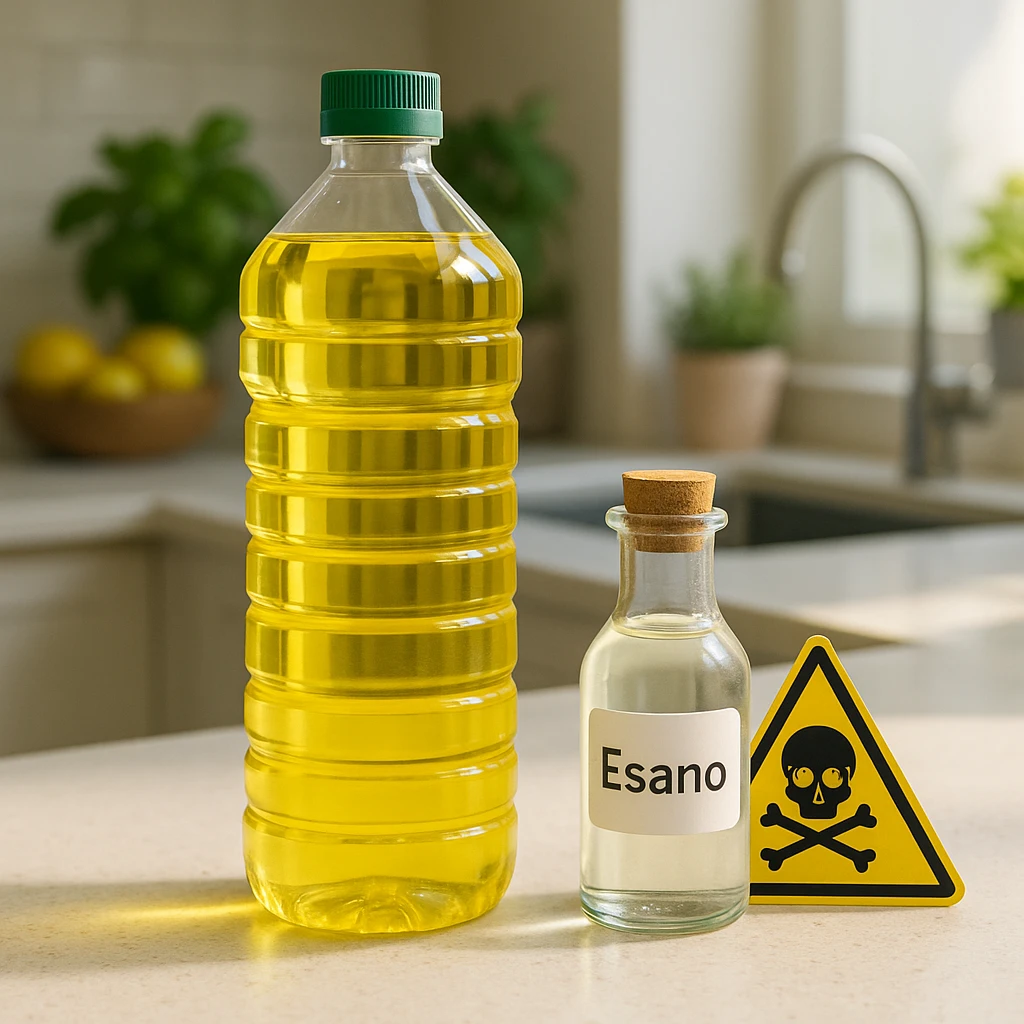 modern bottle of sunflower or soybean oil on a bright kitchen counter, healthy atmosphere; next to it a small flask labeled 'Esano' and a danger sign to emphasize contrast between health and risk; natural lighting with a subtle shadow on the bottle emoji