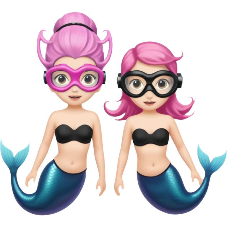 2 Mermaids one wearing a light pink snorkel mask and the other wearing black snorkel mask emoji