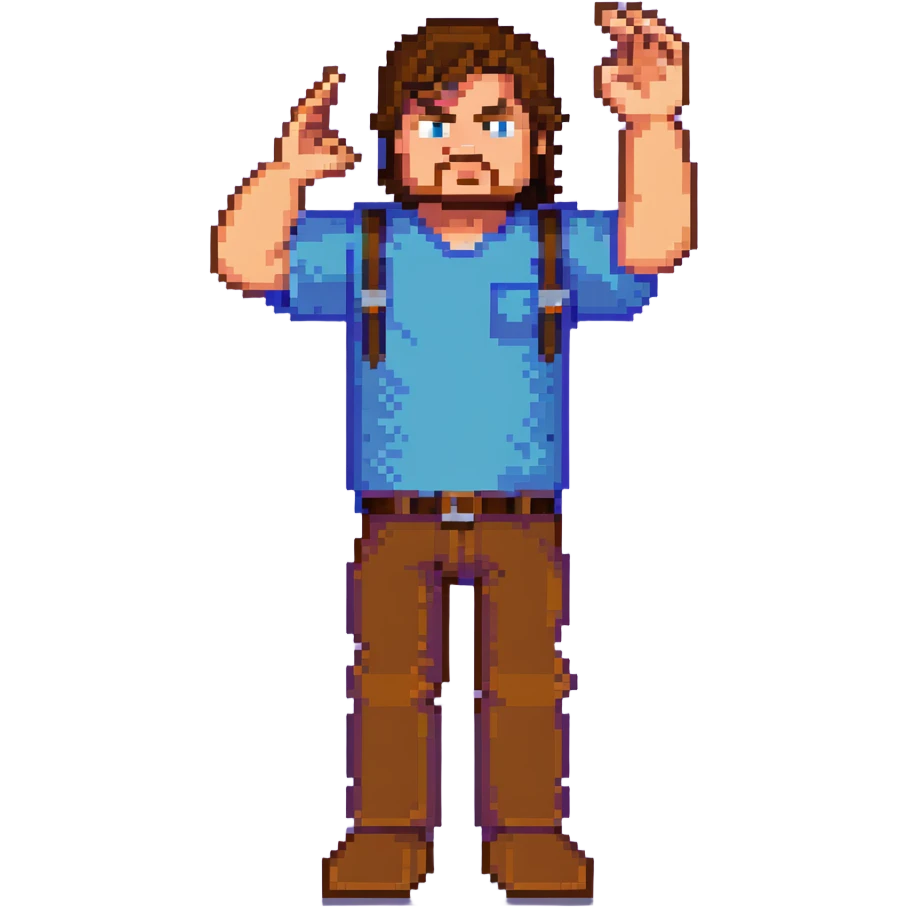 Jack Black as Minecraft Steve in mining pose with arm raised, blocky character with brown hair, blue shirt, and purple pants emoji