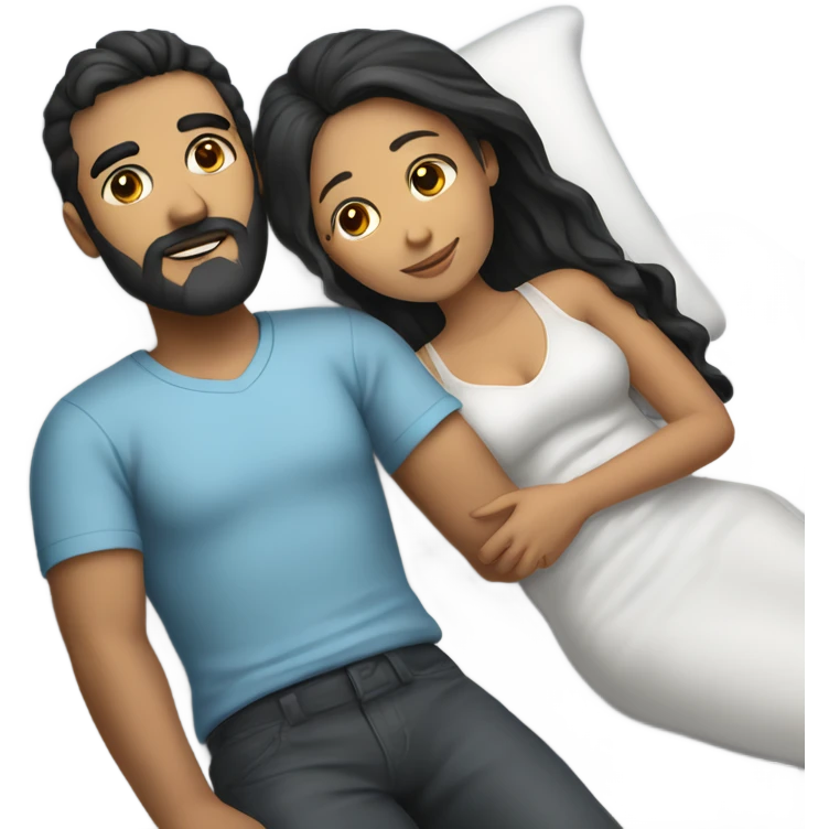 A couple cuddling in a bed. The man has white skin with a black and grey beard and black hair. The woman has white skin and brown hair with highlights. emoji