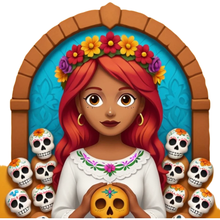 Día de muertos cabello rojo pan de muerto papel picado emoji