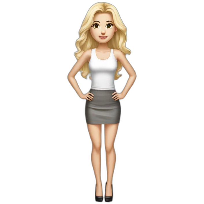 hyperrealist caucasian, long blonde hair, brown eyes, woman, white decollette tank top, gray tight mini skirt, black high heels, frontal view emoji