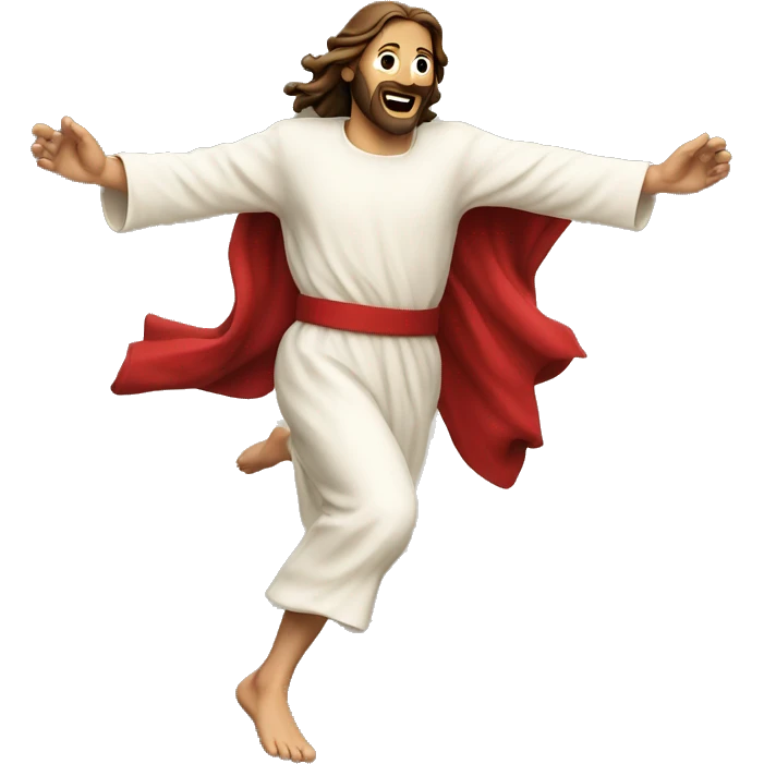 Jesus sprinting, with a large stride and arms outstretched, in a santa costume emoji
