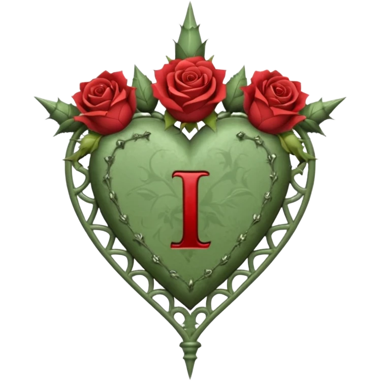 Can you make a sage green heart with a gothic design, I want roses and spikes around the heart. In the middle of the heart the letter I emoji