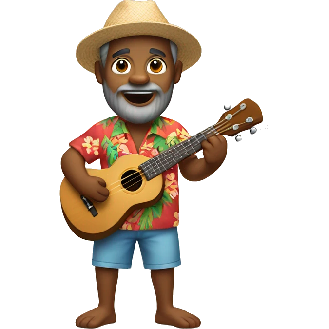dark-skinned native hawaiian man h playing ukulele age 57 wearing hawaiian shirt shorts beard with cap back small eyes emoji