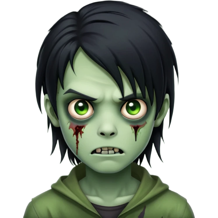 spooky boy zombie, black medium-long hair, emo, green skin, creepy expression emoji