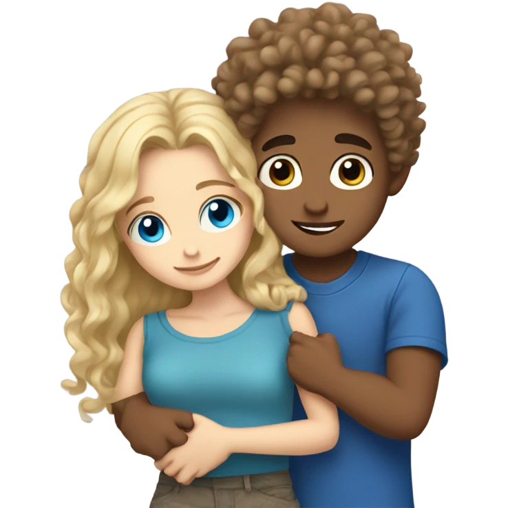 blonde blue eyed girl hugging mixed boy with curly brown hair emoji