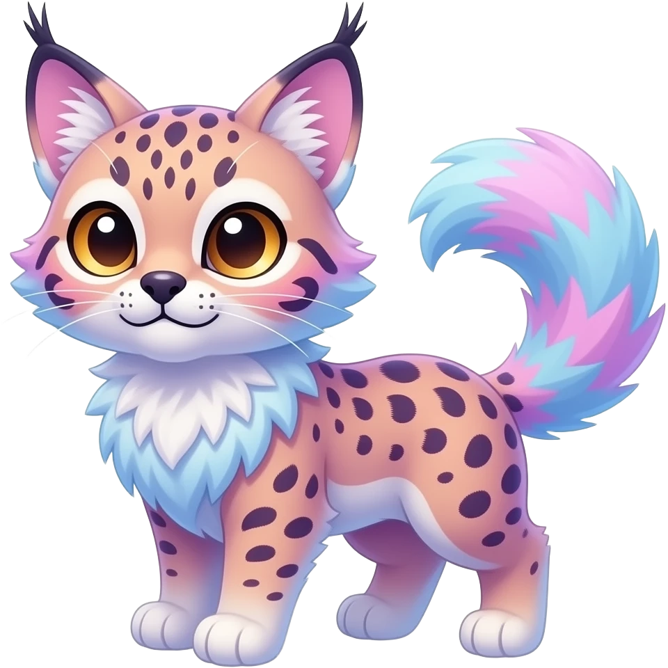 Cute kawaii cool edgy badass pastel cotton-candy pink-blue-purple gradient fluffy fur fantasy-caracal-civet-genet-sergal-vernid-Gryphon-Cacomistle-Trico-oncilla-Eevee-animal-Fakémon-hybrid-fursona (full body), facial markings, (realism style) emoji