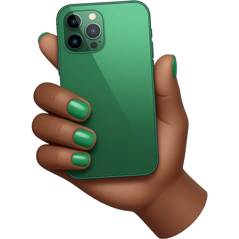 A medium-dark skinned female hand with emerald green nails holds an emerald green smartphone emoji