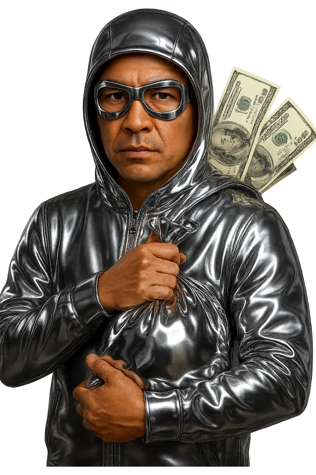 Make the character have a realistic light brown (lightskin) skin tone and natural facial features (not chrome). Dress him in a chrome hoodie and chrome glasses. He should be holding a chrome money bag in his left arm, with realistic US dollar bills visibly falling out from the bag behind his head. Only the hoodie, glasses, and money bag should be chrome—the face, hands, and money should look natural and realistic. Keep the background transparent. emoji
