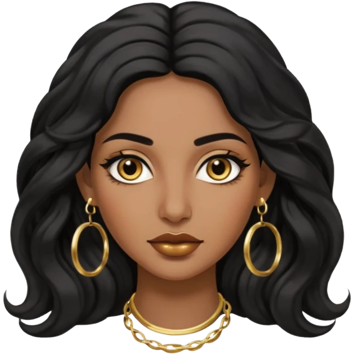 Attractive middle eastern woman with a wide face, baddie look, dark skin, Long wavy black hair and gold hoop earrings emoji