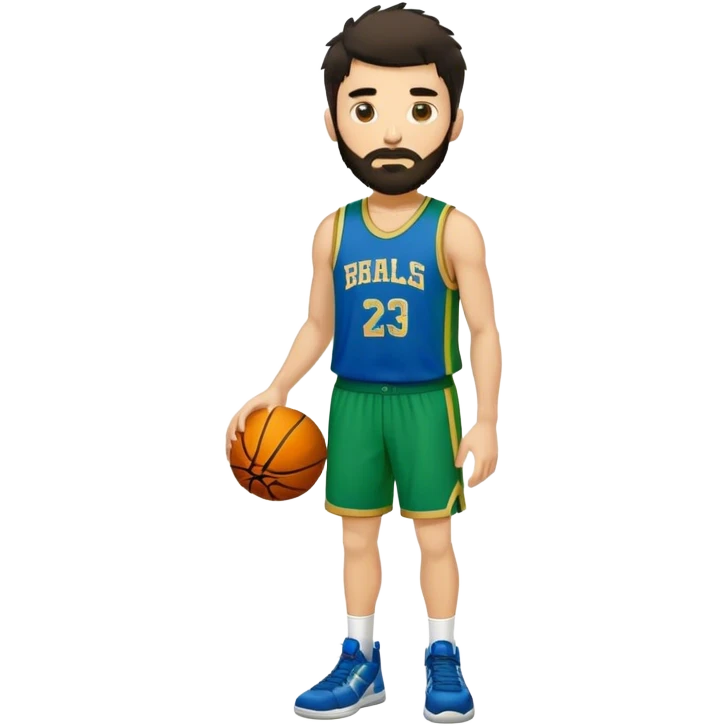 Full Body  white male basketball player with short shaggy dark hair and gold tee beard wearing blue and green uniform emoji