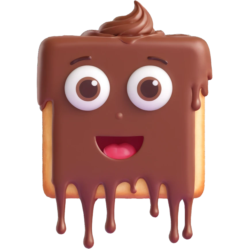 Rectangular chocolate mini pastry, slightly messy and squished, chocolate dripping, big round eyes, wide open mouth, playful surprised expression, text above: "ПАСТИЧКА", chibi style, Twitch emoji style, transparent background, colorful

 emoji