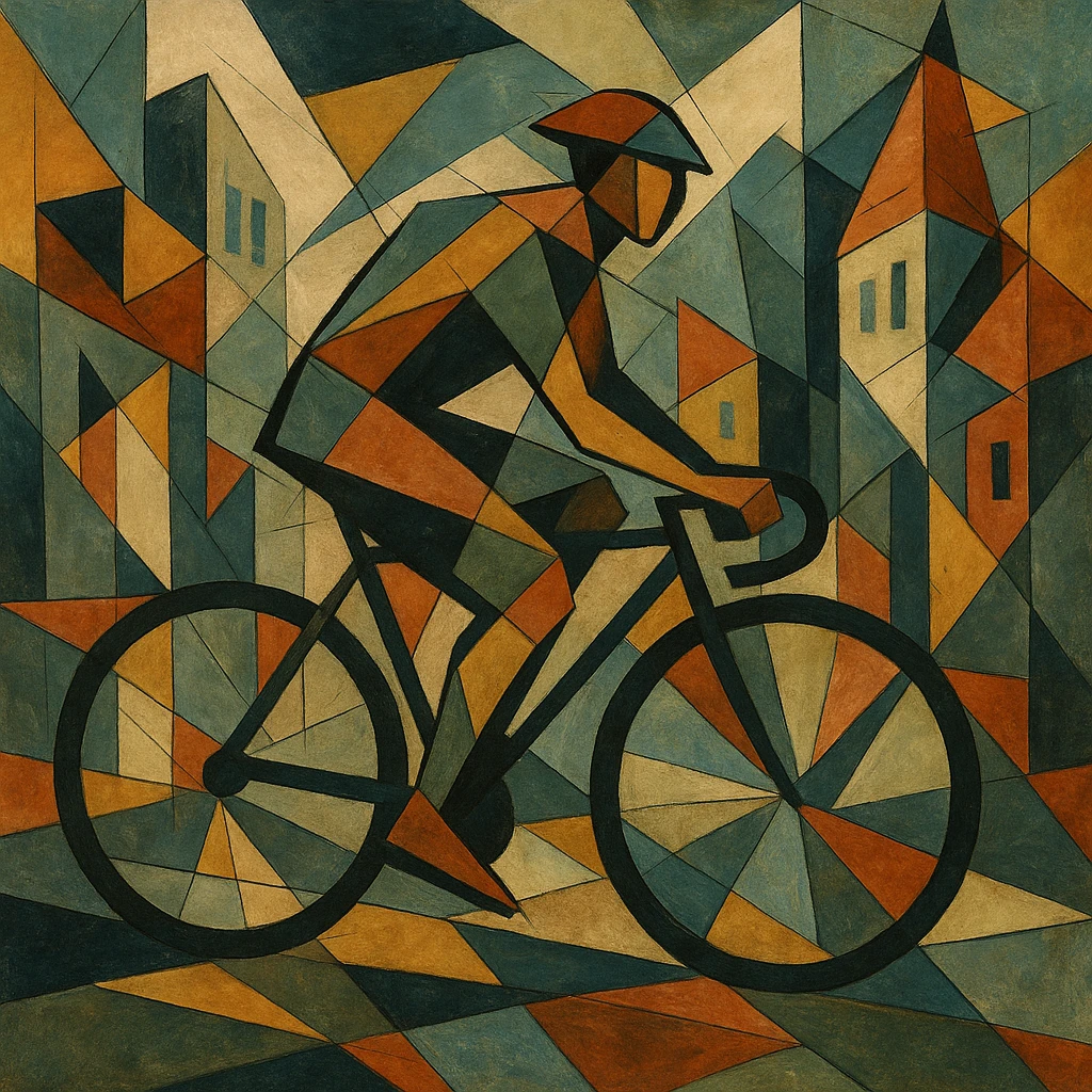 Cyclist riding through a jagged cityscape of distorted perspective.
 emoji