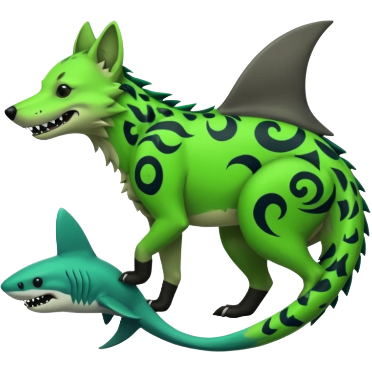 Edgy cool badass Neon-green landhai-sergal-dingo-hyena, with a shark tail, with black and dark-green swirly patterns markings emoji