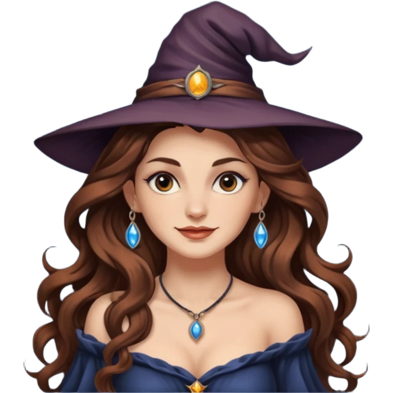moon witch woman long wavy brown hair tattoos shoulder glance smirk emoji