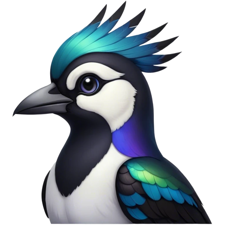 Cinematic Noble Magpie Portrait Emoji, Poised and sleek, with striking, iridescent black and white plumage, a sharp, inquisitive beak, and intense, observant eyes, Simplified yet sharp and sophisticated features, highly detailed, glowing with a soft, urban gleam, high shine, intelligent and graceful, stylized with an air of mischievous charm, focused and alert, soft glowing outline, capturing the essence of a watchful and confident magpie that appears ready to dart out of the screen with effortless authority! emoji