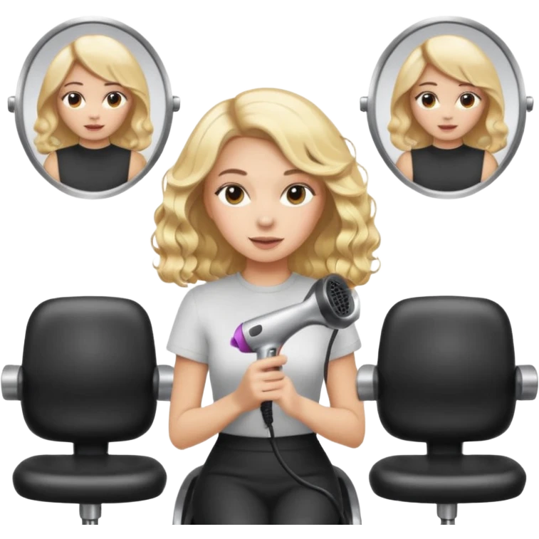 joven mujer en la peluquería usando secador de cabello, fondo con sillas y espejos, estilo emoji apple emoji