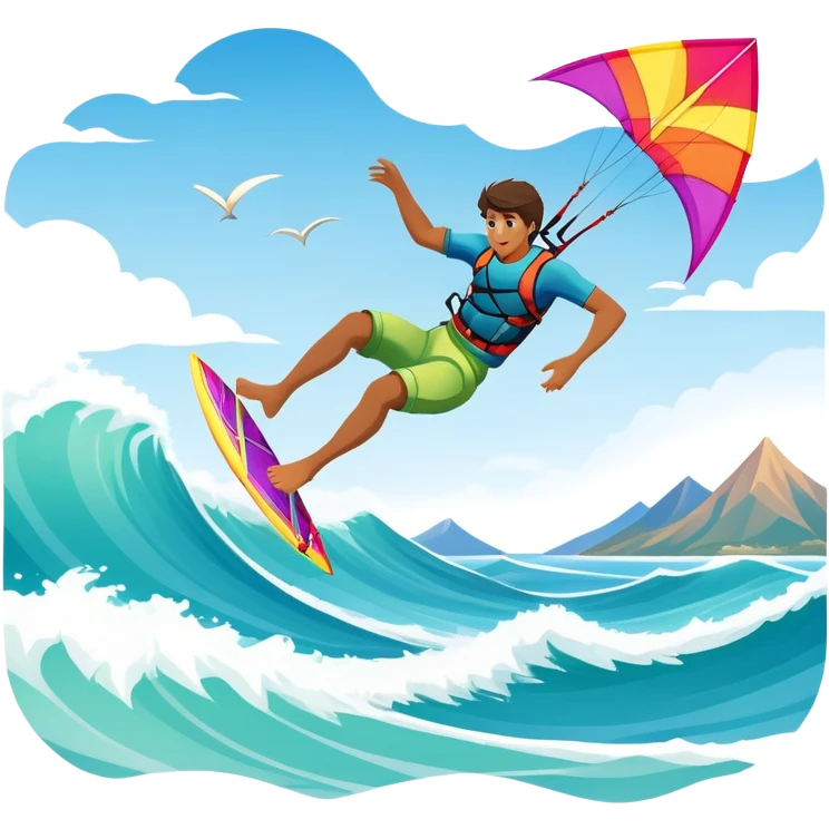 A professional kite surfer performing a high-flying trick on the waves, with a colorful kite soaring above. The background features a stunning landscape of rolling ocean waves, a bright sky, and distant mountains, emphasizing the skill and freedom of the sport. emoji