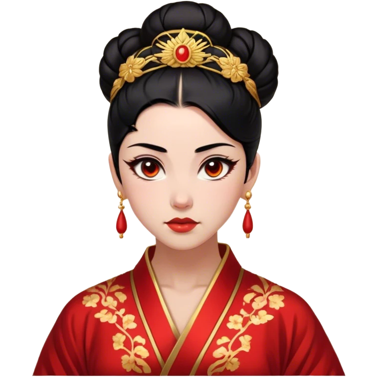 Cinematic Realistic Majestic Mulan Portrait, featuring finely rendered light skin with natural luminescence and expressive, determined eyes. Her black hair is styled with care into an elegant bun, and every fold of her traditional robe—adorned with subtle red motifs and refined gold trim—is depicted with intricate fabric detail. The scene is bathed in soft, natural light that enhances the depth and authenticity of the image, conveying a noble and serene aura that embodies timeless elegance and inner fortitude. emoji