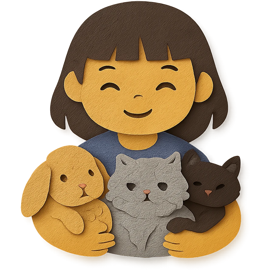 brunette chinita girl holding a brown holland lop rabbit, gray persian cat, and black kitten in paper-craft style emoji