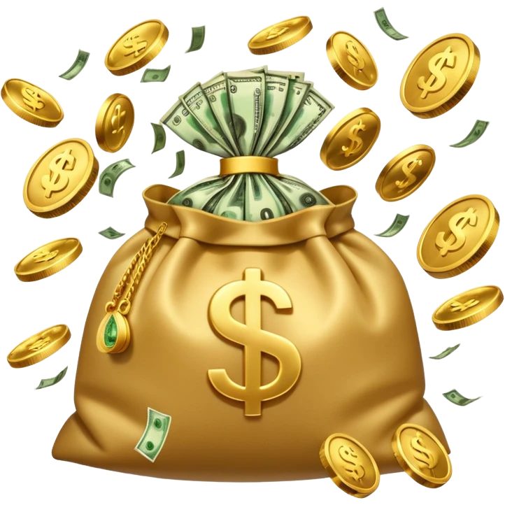 

3D emoji style, big bag of money, flying dollar bills, rich casino vibe, smooth lighting, high detail, clean edges, transparent background



 emoji