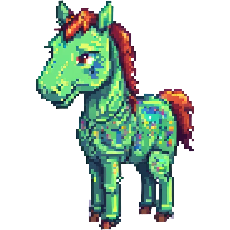 Make the green horse look happy in pixel art style with no background. emoji